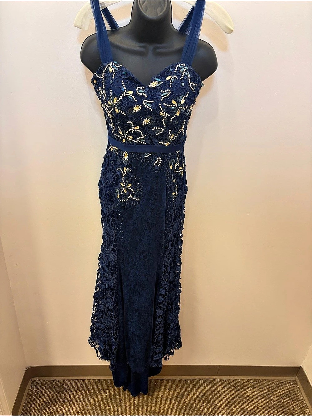 Jovani Embellished Lace Maxi Dress in Blue Like New
